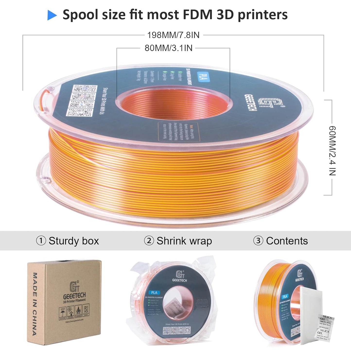 Geeetech Silk PLA Filament 1.75mm Silk Dual Color Filament, Coextrusion Dichromatic Metal-Like Shiny Consumable 1kg (2.2lbs) 1 Spool, Dimensional Accuracy +/- 0.02 mm, Gold Copper