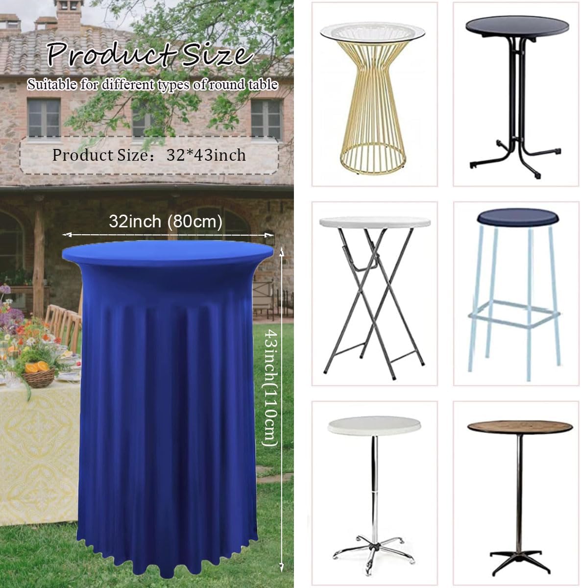 Albassa 4 Pack Cocktail Table Covers 32"x 43" Spandex Stretch Round Cocktail Tablecloths with Wavy Drapes Fitted High Top Bar Table Skirt for Wedding Party Banquet (Royal Blue, 4 PCS)