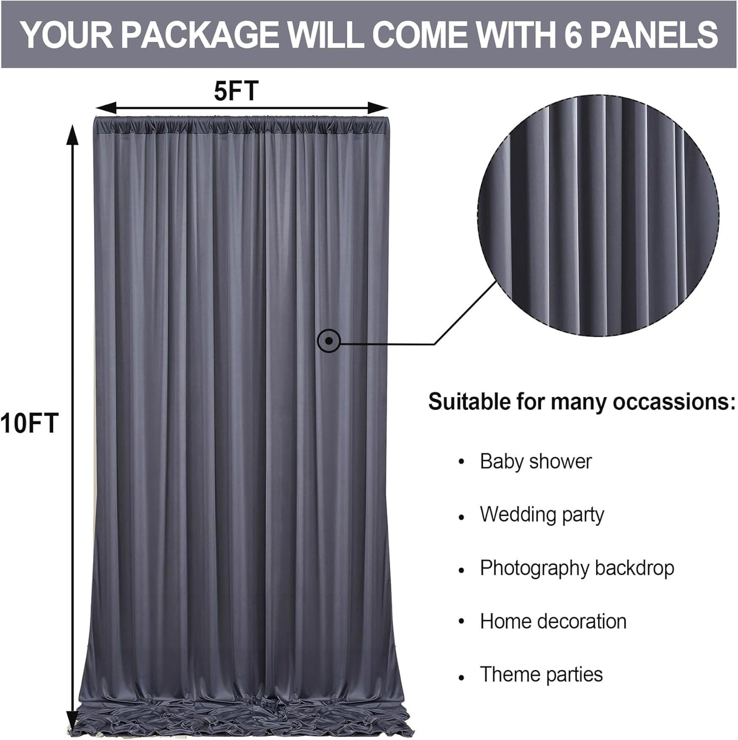 30 ft x 10 ft Wrinkle Free Charcoal Backdrop Curtain for Parties, Dark Grey Polyester Photo Backdrop Drapes for Baby Shower Wedding Engagement Birthday Party Backdrop Stand,5ft x 10ft 6 Panels