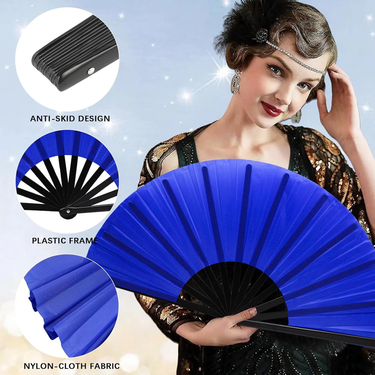13inch Large Rave Fan Popping Clacking Fans for Line Dancing,Hand Fans for Women Foldable,Boots on The Ground Fan,Portable for Outdoor,Wedding,Party,Decoration (6pcs Blue)