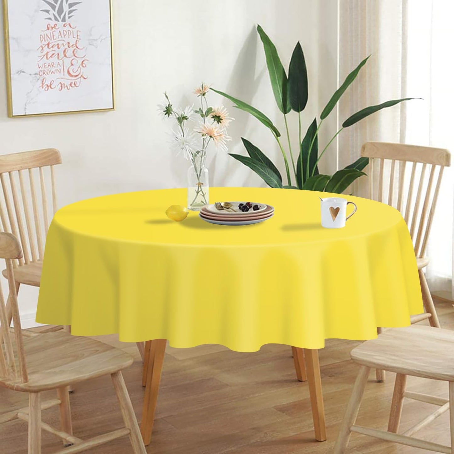 QIKSION Yellow Round Tablecloth 3 Pack, 84 Inch Plastic Table Cover Disposable for Parties