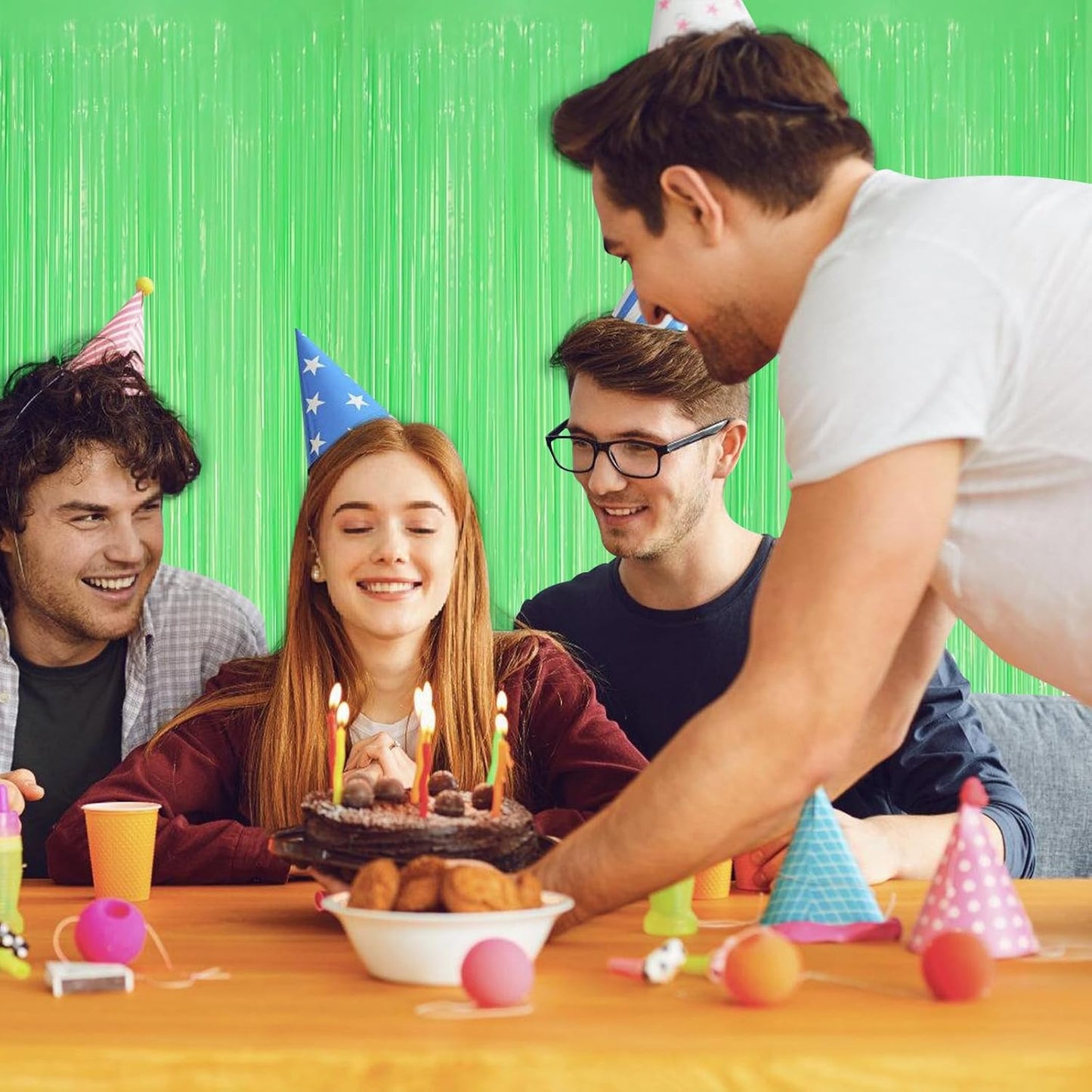 5 Pack Green Foil Curtain Backdrop 3.2ft x 8.2ft Tinsel Foil Fringe Curtains Macaron Photo Booth Streamer Backdrop for Party Decorations Birthday Baby Shower Bachelorette Holiday Decor (Pastel Green)