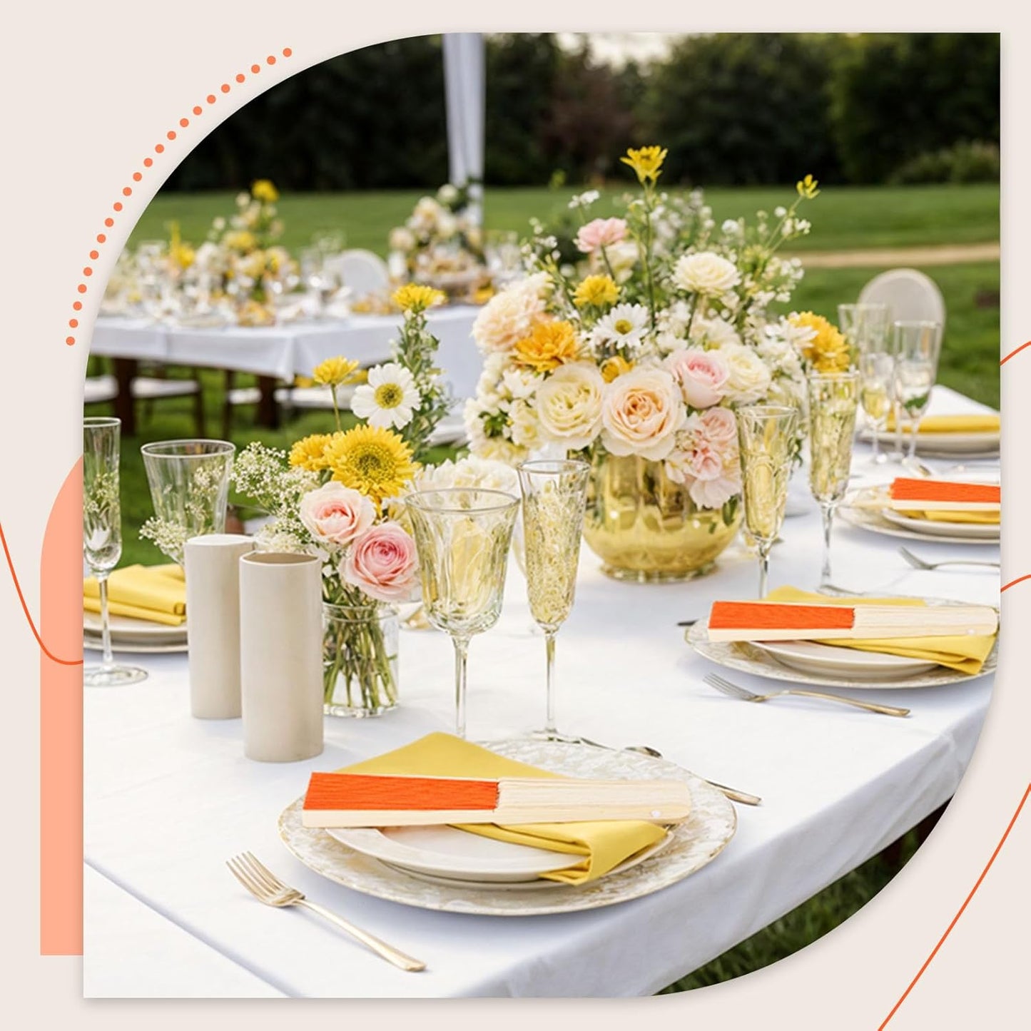 JOHOUSE 12 Packs Paper Folding Hand Fans, 8.3 Inch Orange Paper Fans Handheld Decorative Accessories for Wedding, Outdoor Party Favors, Bridal Shower DIY Decoration Photography Props