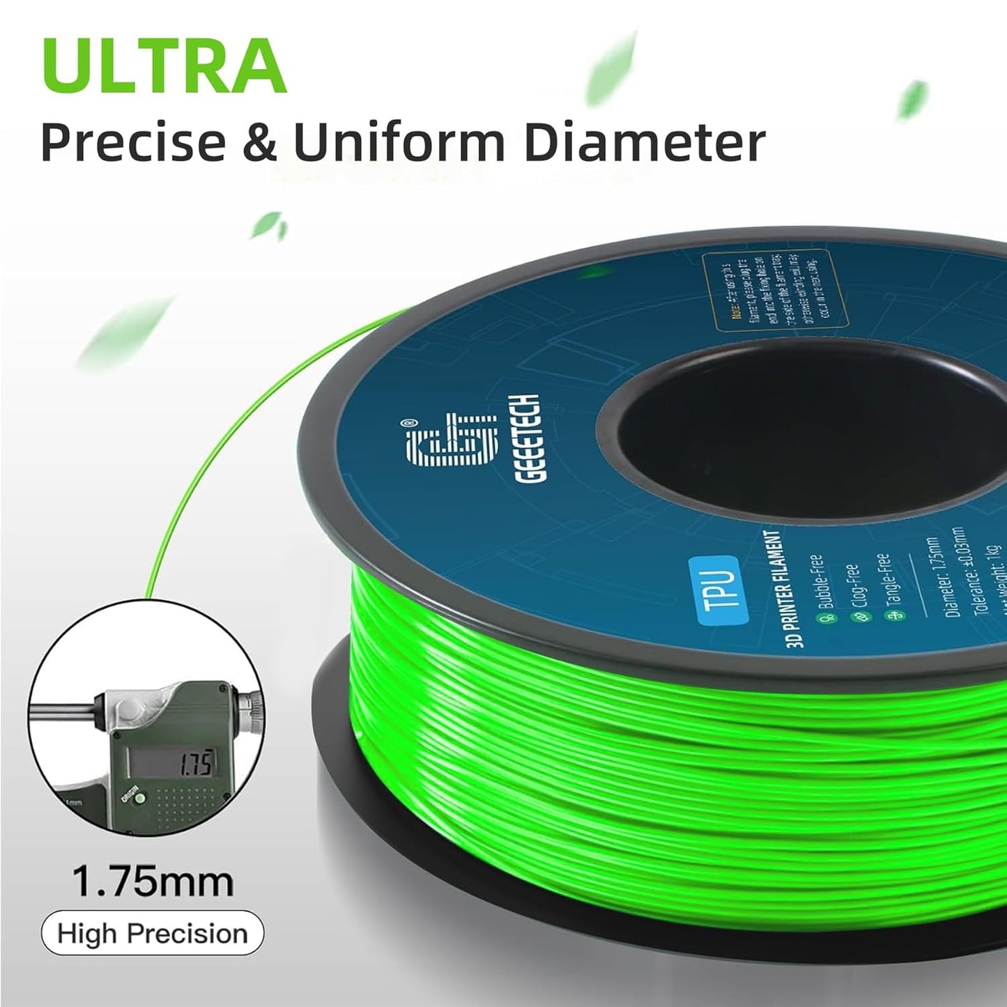 Geeetech TPU Filament 1.75mm – 95A Flexible 3D Printer Filament with High Elasticity, 1KG (2.2lbs) Spool, Dimensional Accuracy ±0.03mm, Fits Most FDM Printers, Green