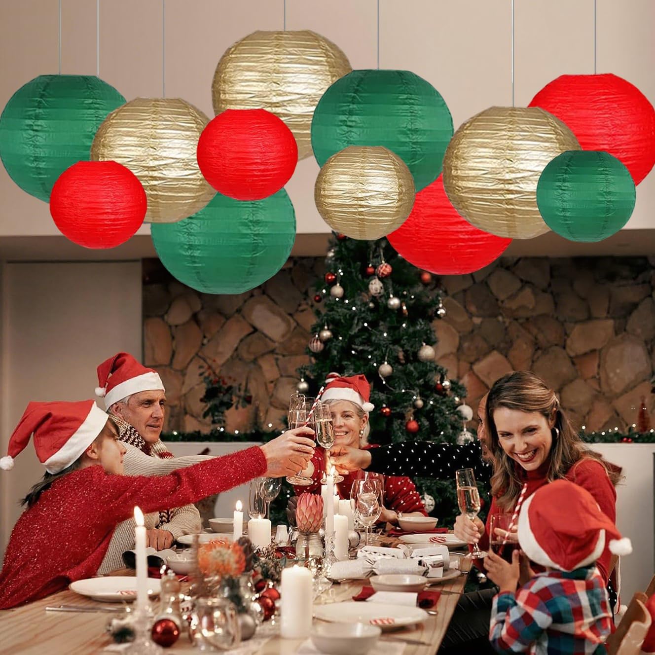 Green Red Paper Lanterns Decorative 12pcs Christmas Hanging Decorations for Graduation Anniversary Birthday Party