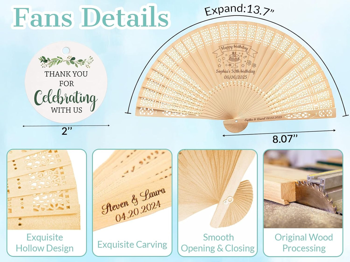 50Pcs Personalized Folding Hand Fans Custom Engraved Summer Wedding Fans,Personalized Wooden Fans Party Favor Bridal Shower Gifts for Guests