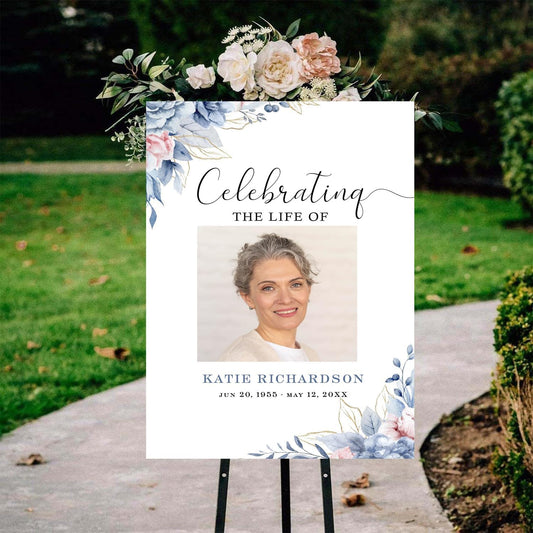 Blue Roses Memorial Sign Navy Blue Funeral Welcome Sign for Women Blue Flowers Female Memorial Sign Celebration of Life, Funeral Décor, Funeral program