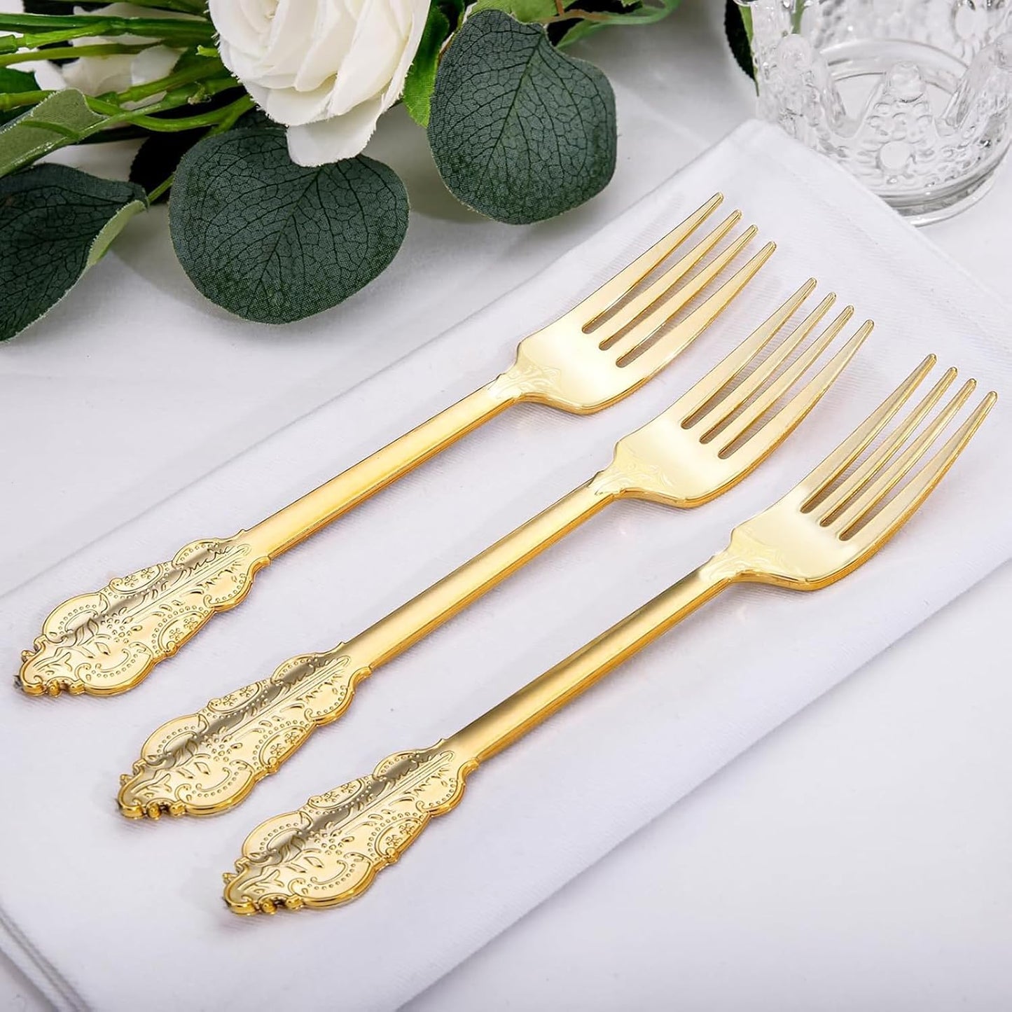 WDF 100 Piece Gold Forks Disposable - 7.48 Inch Gold Plastic Forks - Baroque Plastic Silverware for Dessert Cake - Heavy Duty Thanksgiving for Party, Wedding or Daily Using