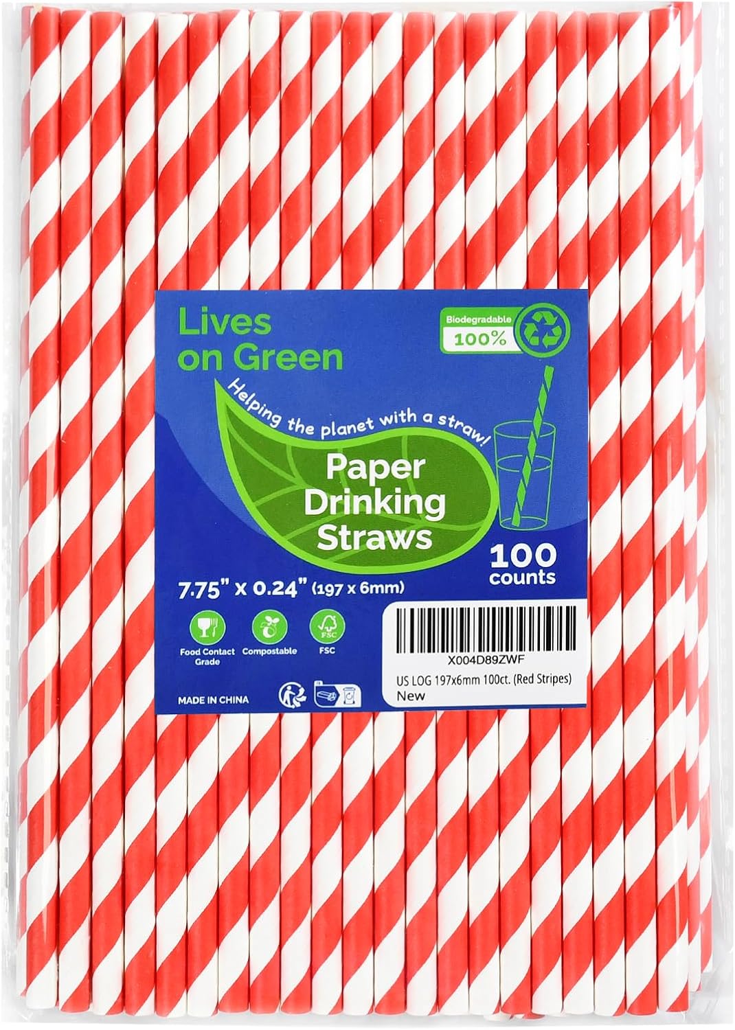 Disposable 7.75 inch Red White Striped Paper Straws Biodegradable 100 Counts - for Drinking, Cocktail, Decoration, Party, Crafts