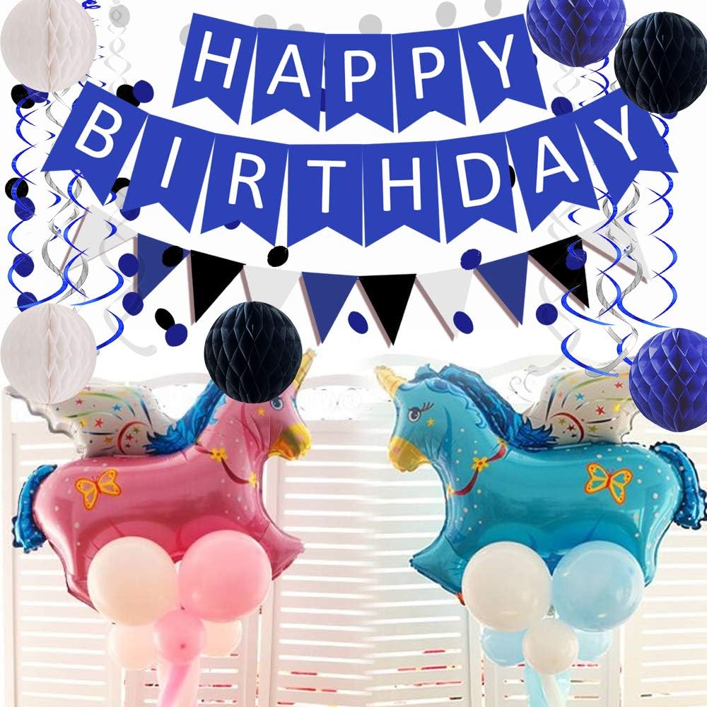 FECEDY Navy Blue White Black Happy Birthday Banner&Cute Flag Bunting Paper Circle Confetti Garland Swirl Streamers Honeycomb Ball for Birthday Party Decorations