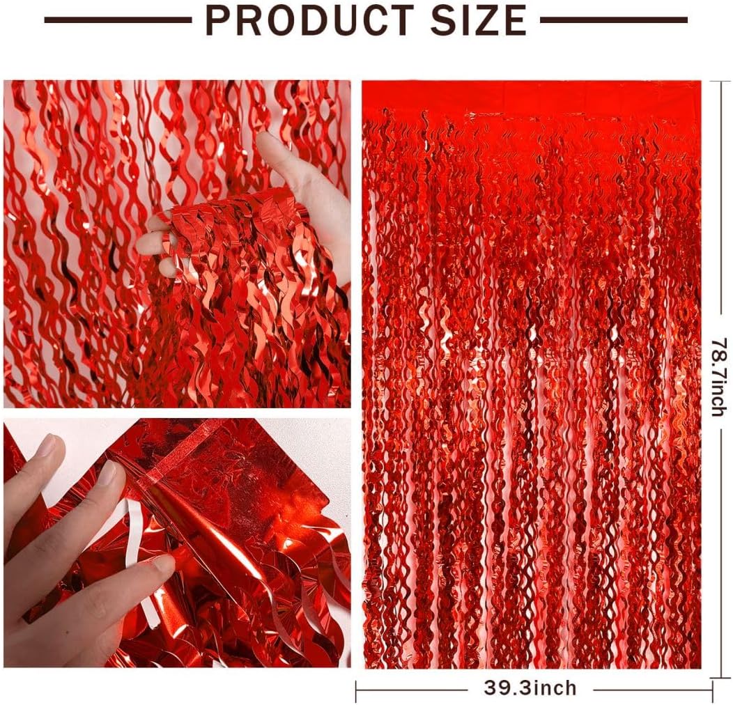 Red Streamers Wave Foil Fringe Backdrop Curtains Red Party Decorations for Graduation 2025, Birthday, Cherry Themed Party, Valentines Day, 4th of July, Anniversary Celebration, Christmas, Wedding