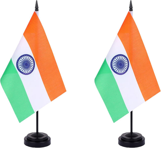 India Desk Flag 12" Solid Pole Deluxe Set Indian Flags Banner Mini Small India Office Table Flags with Black Stand Base Desktop Decorations(2Pack)