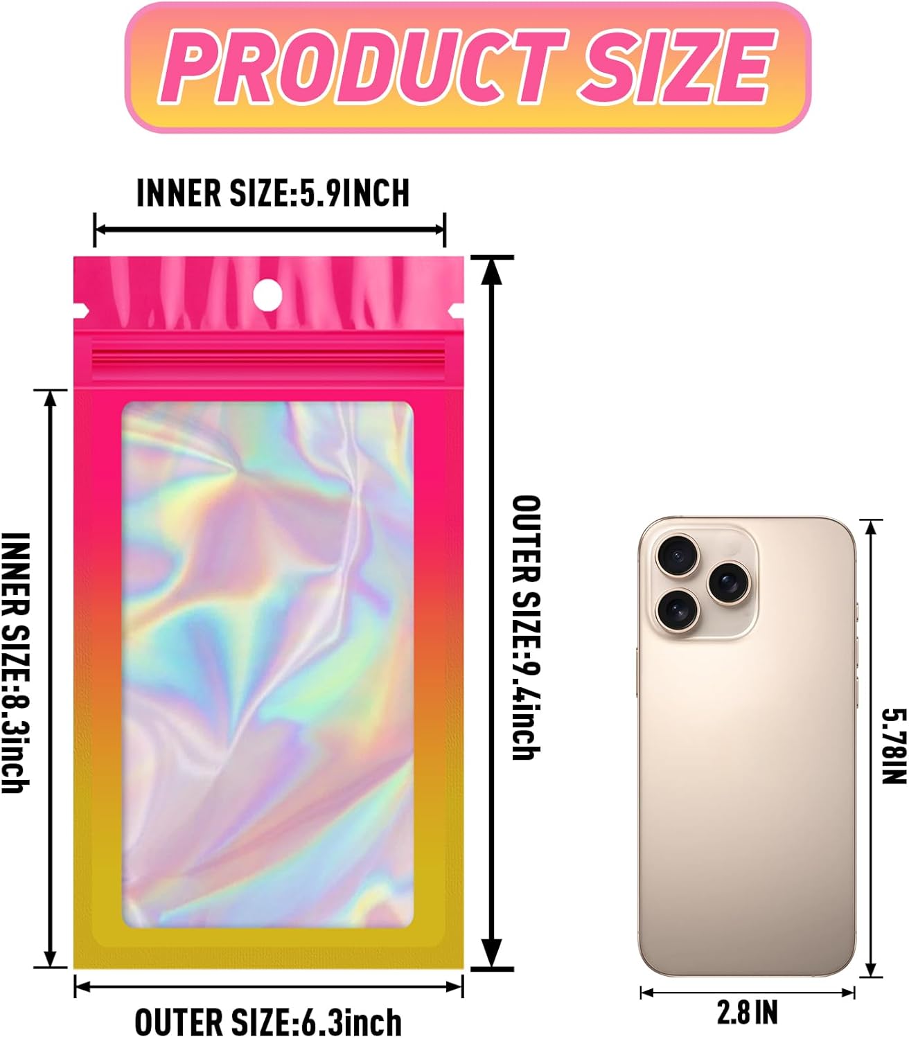 Funfery 100 Pack Gradient Holographic Bags,Mylar Resealable Bags with Zipper,Clear Window Packaging Pouchs,Smell Proof Bag for Food Storage,Sample Jewelry Bag(6.3x9.4In,Hot Pink Orange)