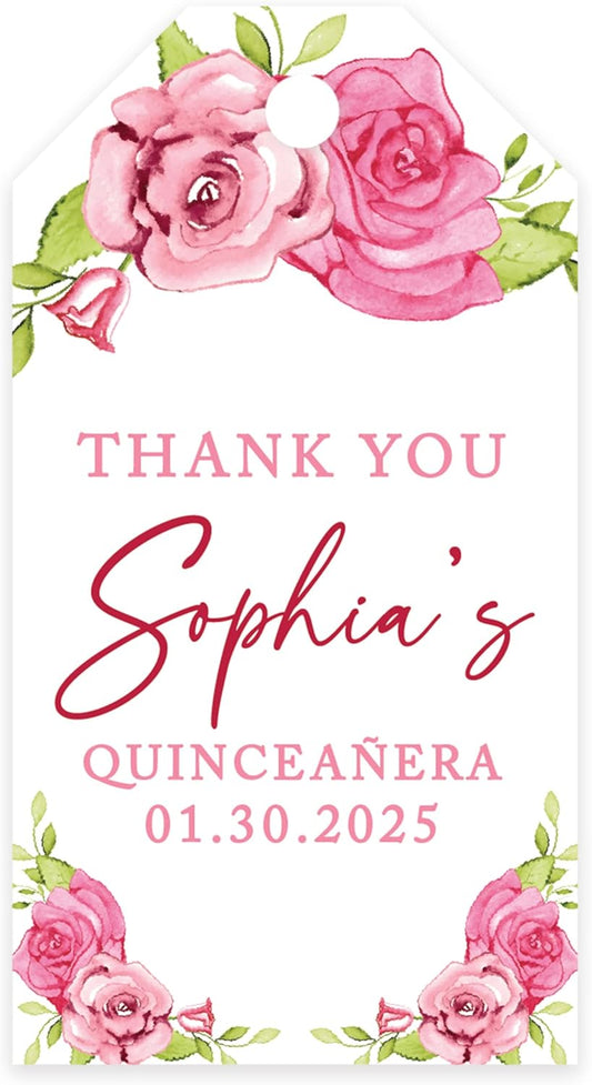 Andaz Press 40-Pack Personalized Quinceañera Favor Tags with String, Pink Roses Custom Classic Thank You Gift Tags for Quince Años XV 15th Birthday Favor Gifts, Quinceanera Decorations
