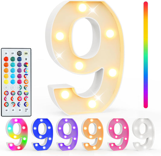 Pooqla Colorful Lighted Numbers with Remote, 35 Colors Light Up Numbers for Party, RGB LED Marquee Number Lights Gift for 9th Birthday Decorations, Wedding, Bar, Night Light, Home Decor, Number 9