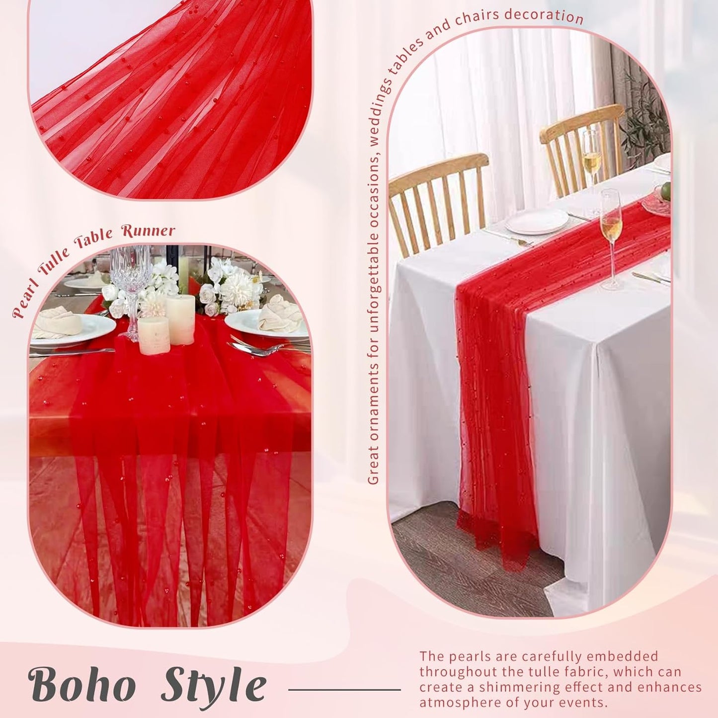 Set of 6 Pearl Table Runner 29 x 120 Inch Tulle Fabric Lace Table Runners Boho Rustic Tablecloth for Bridal Shower Birthday Party Wedding Arch Aisle Veil Dessert Table Decor(Red)