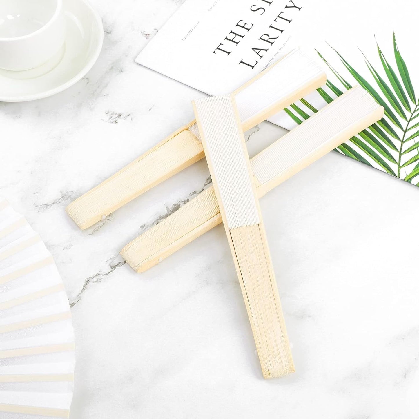 URATOT 48 Pieces White Folding Fans Silk Bamboo Folding Fans Handheld Fan for Wedding, Party Decoration