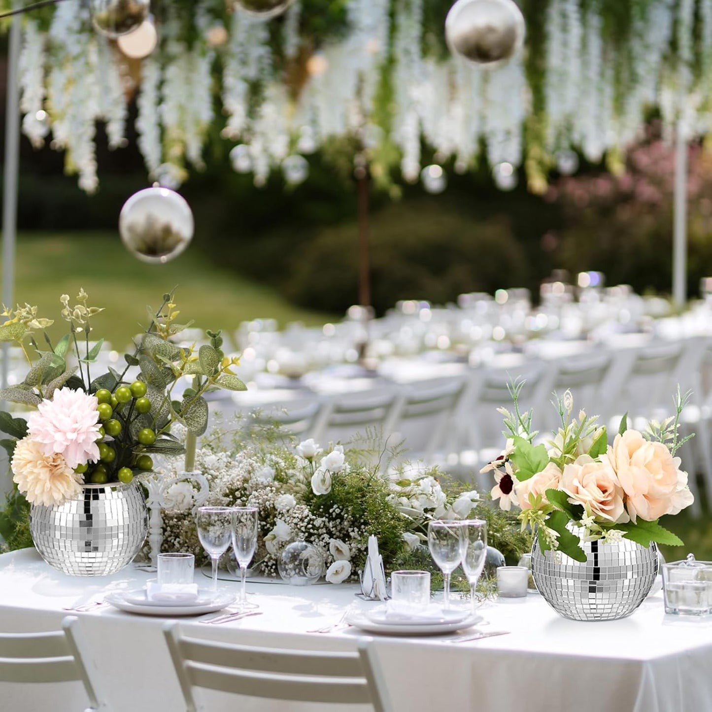 Jinei 24 Pcs Disco Vases Bulk Silver Mirror Disco Ball Flower Glass Ball Planter Candle Holder Glass Vase for Wedding Table Centerpieces Bedroom Office Birthday Decoration (3" X 4")