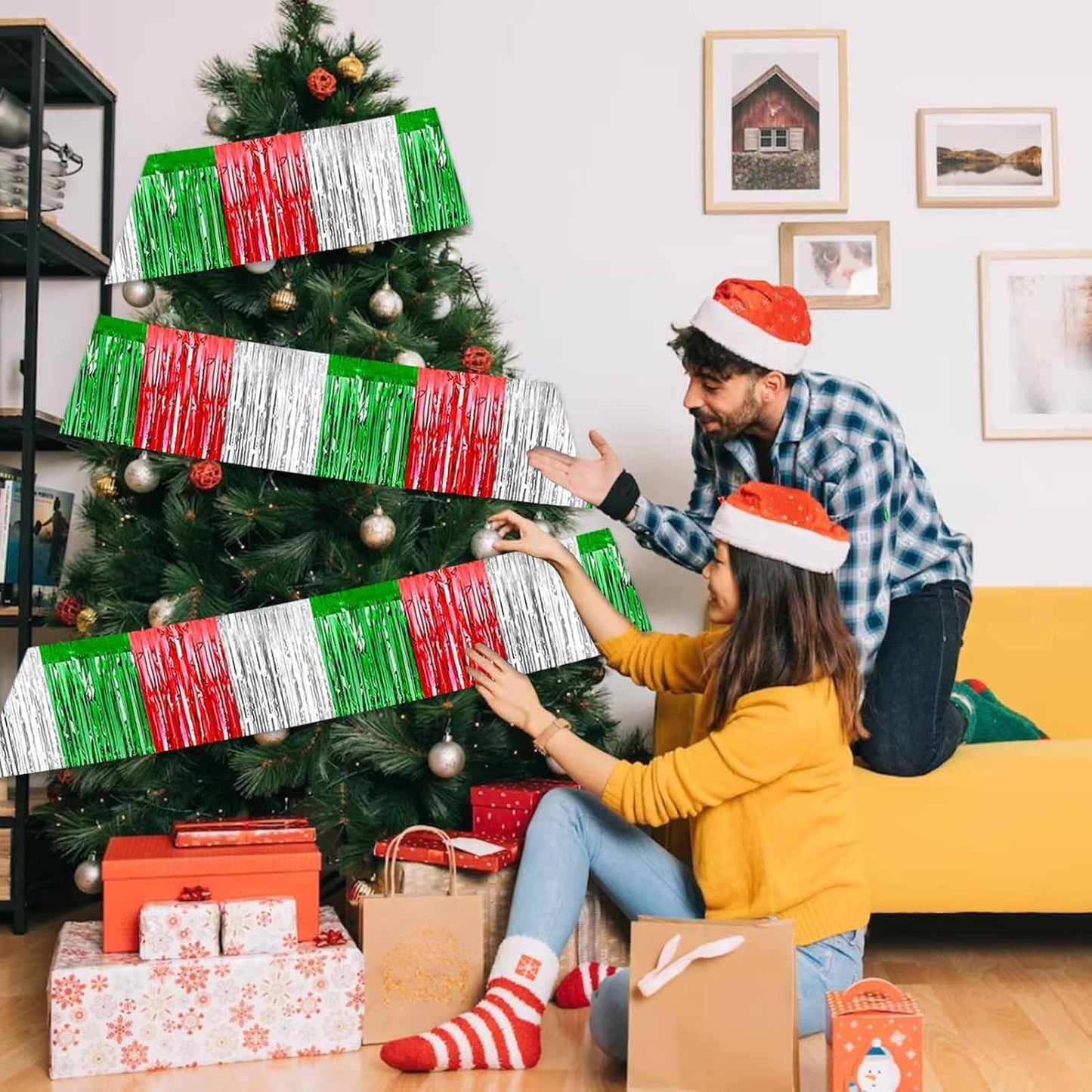 6 Pack 10 Feet Foil Fringe Garland Metallic Tinsel Streamers Banner Wall Hanging Backdrop Banner for Parade Floats, Valentine's Day, Wedding, Birthday, Mardi Gras Party Decorations Red Silver Green