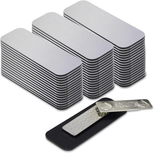 Name Tag/Badge Blanks - 100 Pack - 1" X 3" (Brushed Silver) Round Corners, Magnetic Backing
