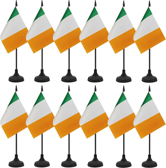 12 Pack Ireland Desk Flag Set, Irish Table Office Flag, Small Miniature Desktop Flag With Black Pole and Black Base, Classroom, Offices Meeting Desk Decoration (Ireland)