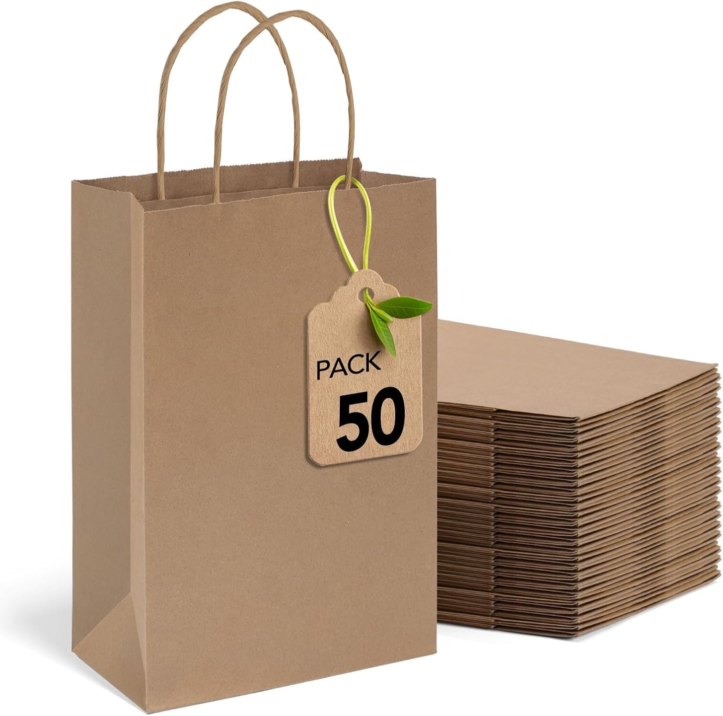 MESHA Paper Gift Bags 5.25x3.75x8 Inch 50 Pack Small Brown Paper Bags with Handles Bulk for Small Business, Birthday Wedding Party Favor