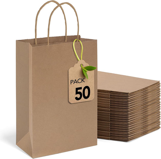 MESHA Paper Gift Bags 5.25x3.75x8 Inch 50 Pack Small Brown Paper Bags with Handles Bulk for Small Business, Birthday Wedding Party Favor