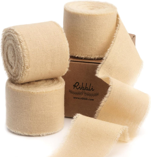 Ribbli 3 Rolls Nude Ribbon 1.5 Inch x 18Yards Beige Handmade Cotton Frayed Fringe Ribbons for Gift Wrapping Wedding Invites Bridal Bouquets Baby Shower DIY Crafts Home Decor