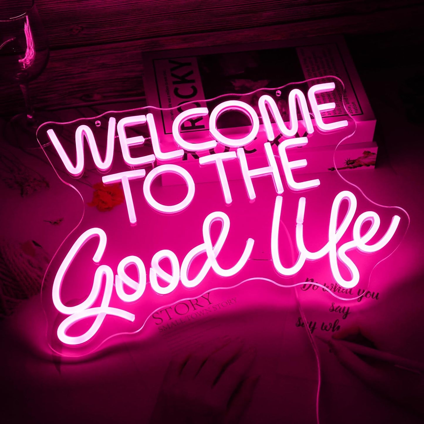 Welcome To The Good Life Neon Sign Letter LED Neon Lights Dimmable USB Powered 16.5’’X11’’Cool Wall Decorative Light Bedroom Kids Room Birthday Party Bar Decoration Gifts for Friend（Pink）