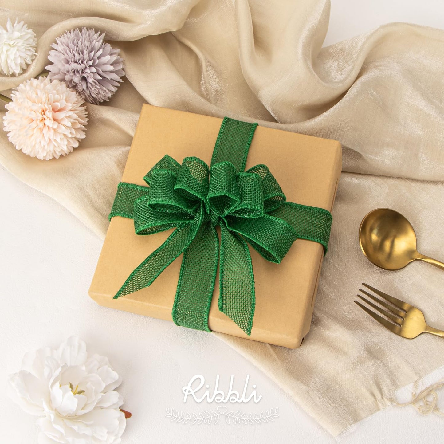 Ribbli Emerald Green Burlap Wired Ribbon, 1” Inch x Continuous 20 Yard, Green Wired Ribbon for Wreaths,Big Bows,Tree Decoration,Outdoor Decoration