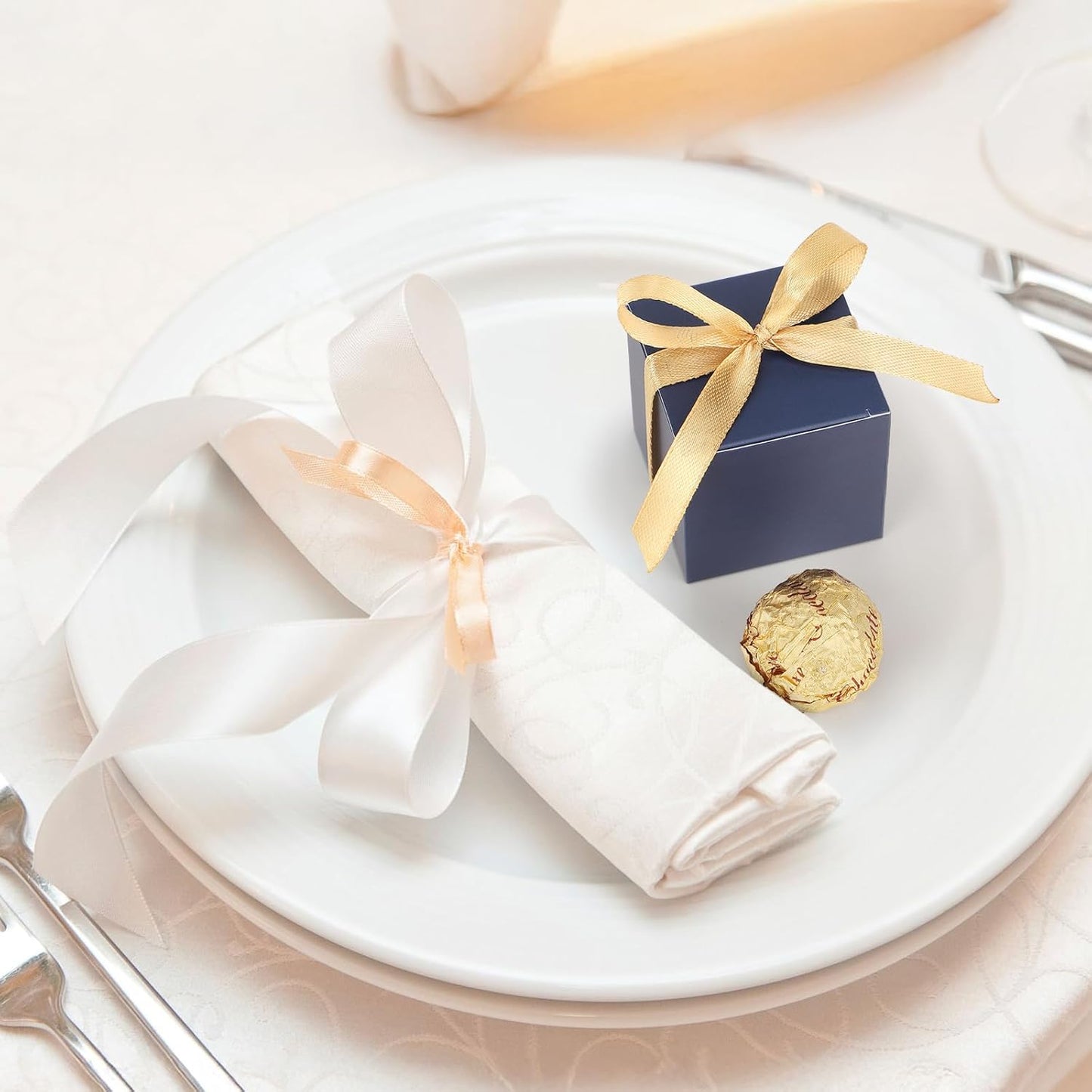 EUSOAR Favor Boxes, 120pcs 2x2x2 Inches Royal Blue Small Treat Boxes Mini Cookies Container with Gold Ribbon, Paper Cube Macaron Candy Box Soap Storage for Wedding Birthday Party DIY Supplies