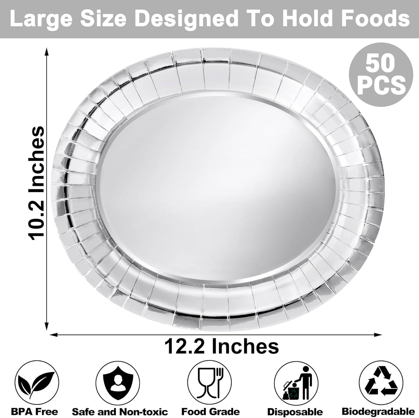 50 Pcs Oval Large Paper Plates, 12.2'' X 10.2'' Silver Foil Paper Plates, Daily Dinner Plates Disposable Paper Plates Bulk Party Supplies for Wedding Silver Anniversaries Graduation Birthday Party