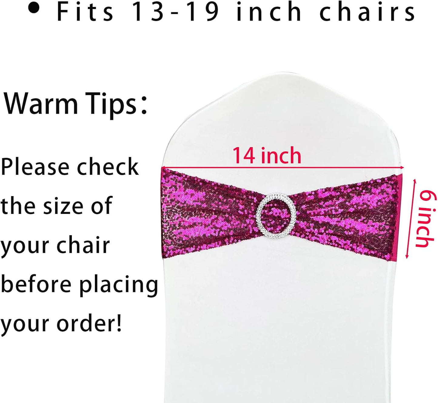 10 Pcs Chair Sashes Sequin Stretch Chair Bands Spandex Polyester Bows for Party Hotel Wedding Banquets Decoration - Magenta