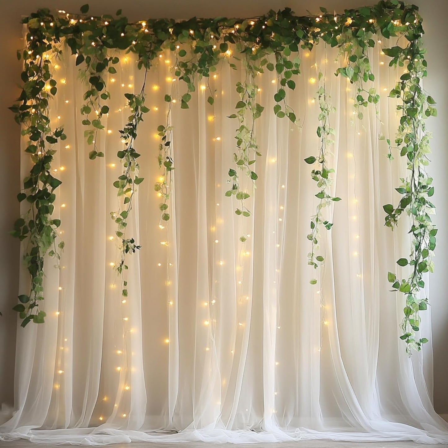 10x10ft Ivory Tulle Backdrop Curtain with String Lights, Wrinkle-Free Sheer Wedding Backdrop for Birthday Parties, Baby Showers, Bridal Showers, Photo Shoots and Home Decorations, Ivory