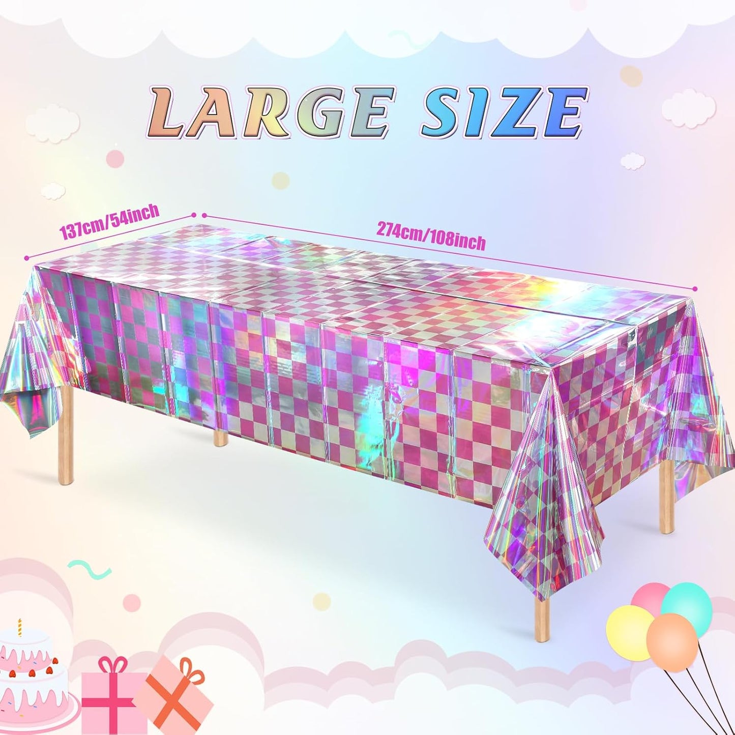 6 Pack Pink and Iridescent Checkered Plastic Tablecloth, Shiny Disposable Laser Rectangle Table Covers, Holographic Foil Tablecloth Iridescent Party Decorations for Picnic Camping Outdoor, 54x108Inch