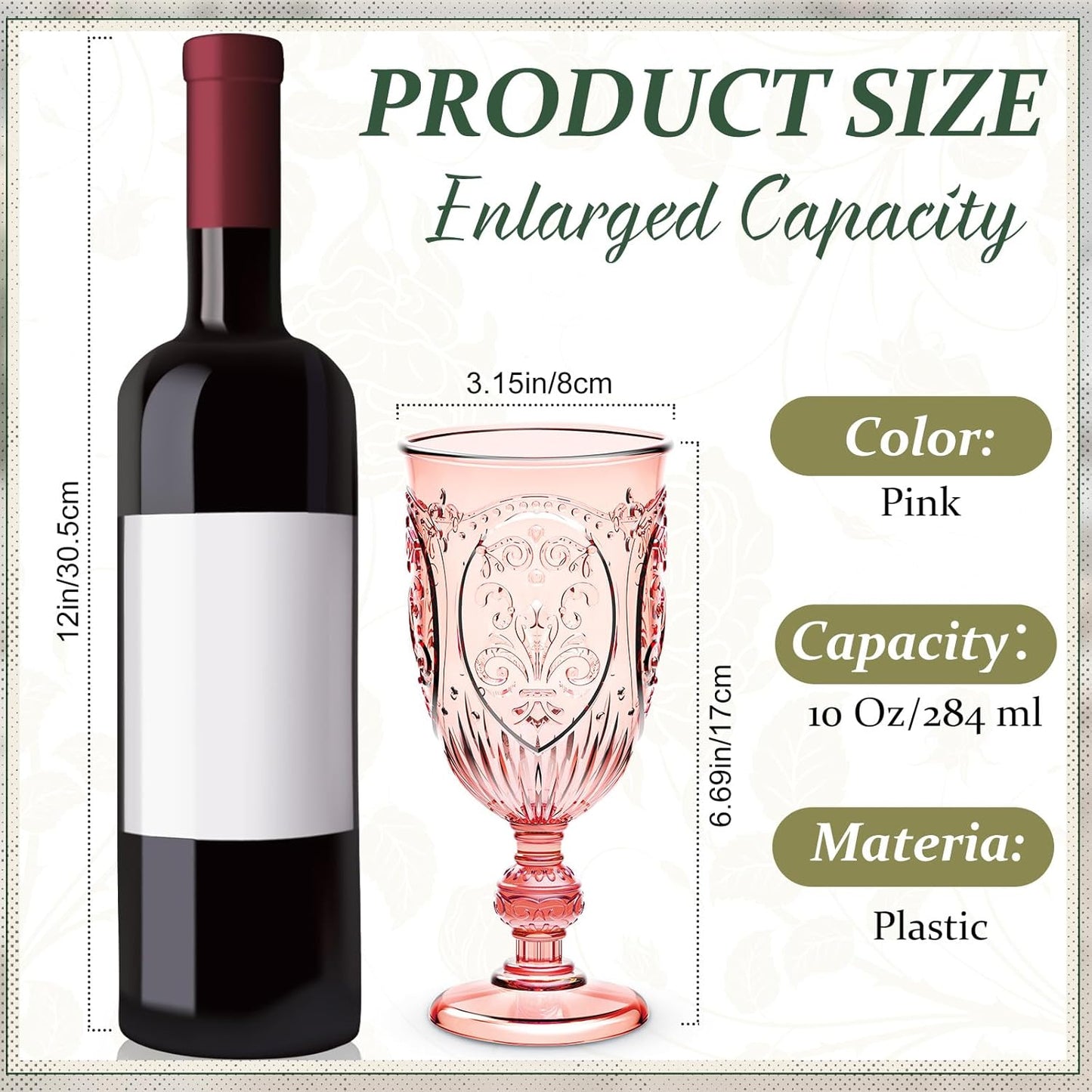 36 Pack Plastic Goblets 10oz Upgrade Vintage Water Goblet Plastic Wine Glasses Colored Retro Embossed Glassware for Party Wine Bar Juice Baby Shower Wedding Reception Grand (Pink)