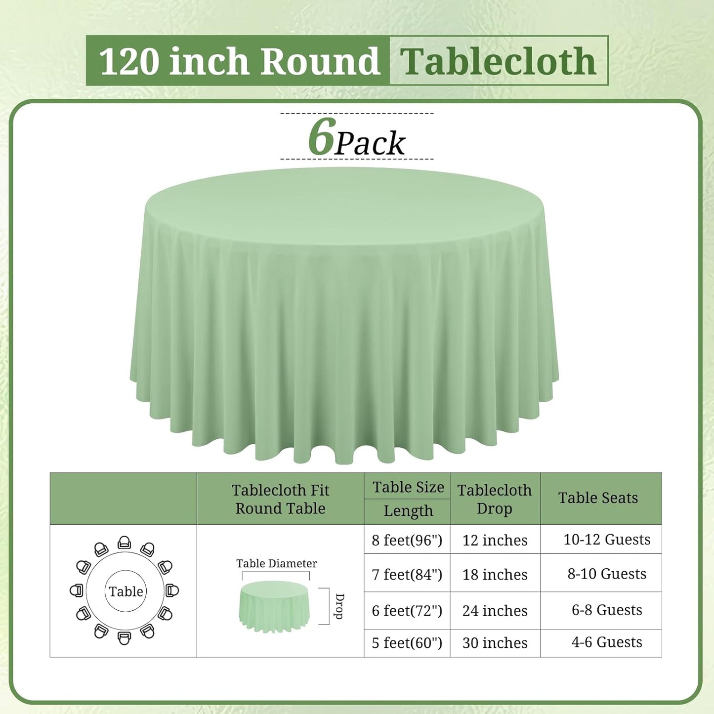 6 Pack Sage Green Round Tablecloths - 120 Inch, Polyester Table Cover, Stain and Wrinkle Resistant Washable Fabric Table Cloth for Wedding Banquet Parties