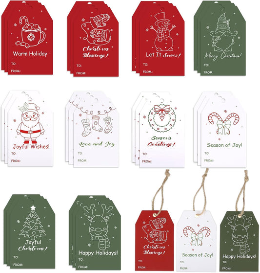 100PCS Christmas Gift Tags 10 Styles Merry Christmas Gift Tags with String Modern Kraft Name Tag for Present Wrapping Xmas Holiday Festive Party Favors