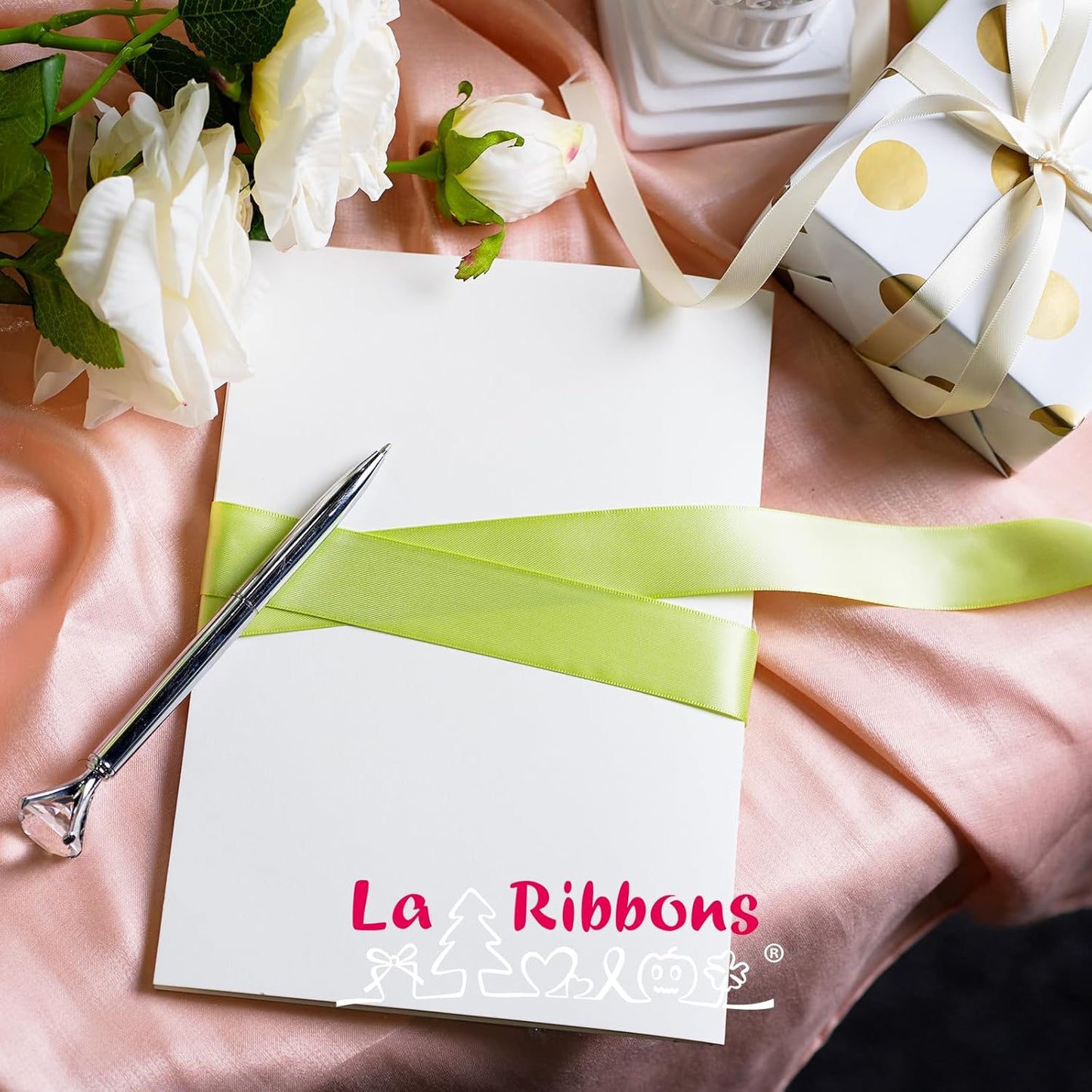 LaRibbons 1 Inch 50 Yard Double Faced Satin Ribbon,Sage Green Satin Craft Fabric Ribbon for Gift Wrapping Floral Bouquets Wedding Party Decoration