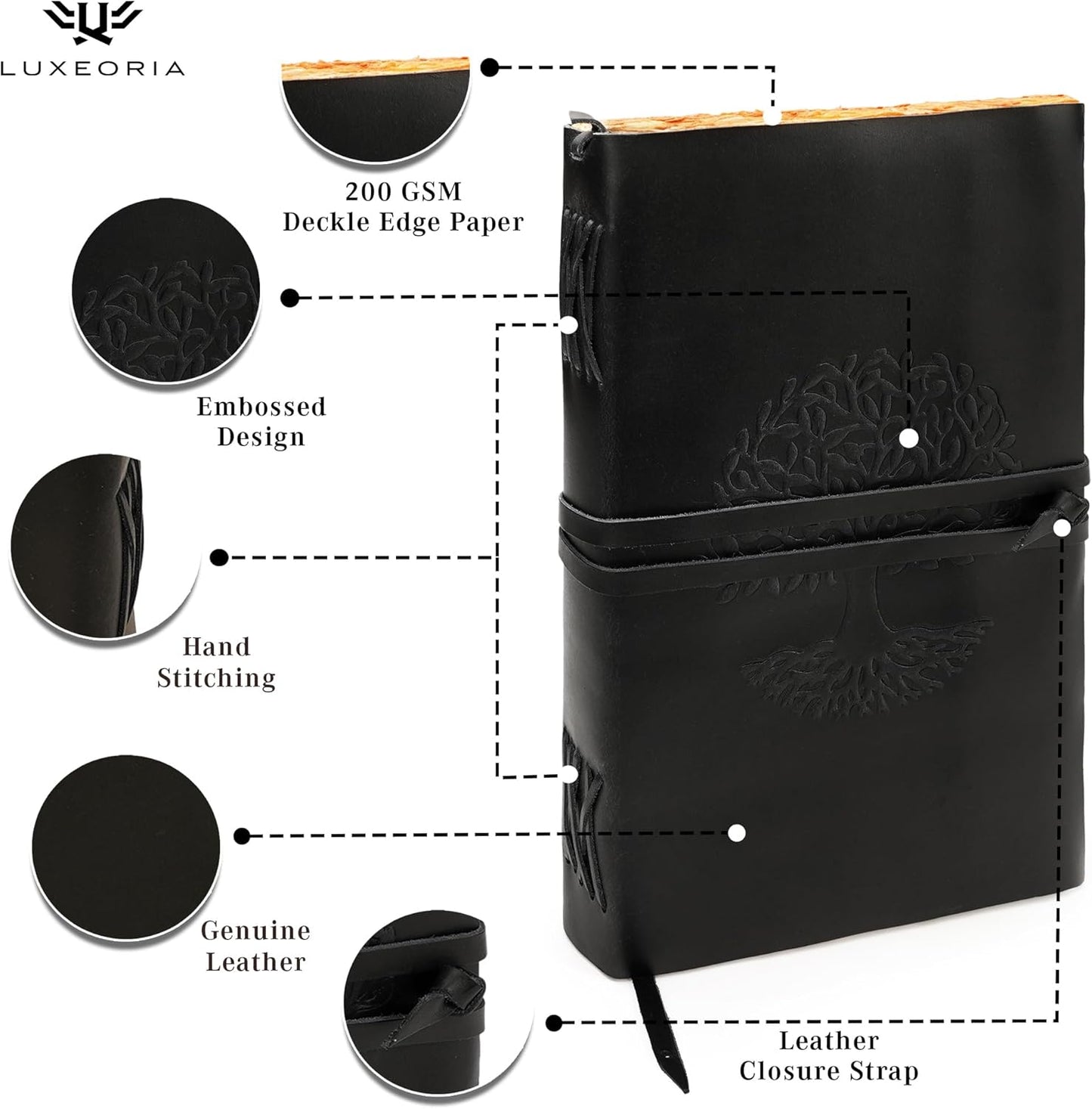 LUXEORIA Tree Of Life Leather Journal for Women and Men, Handcrafted Leather Journal for Writing Womens, Sketchbook, Travel Diary with Unlined Deckle Paper, Black 8x13