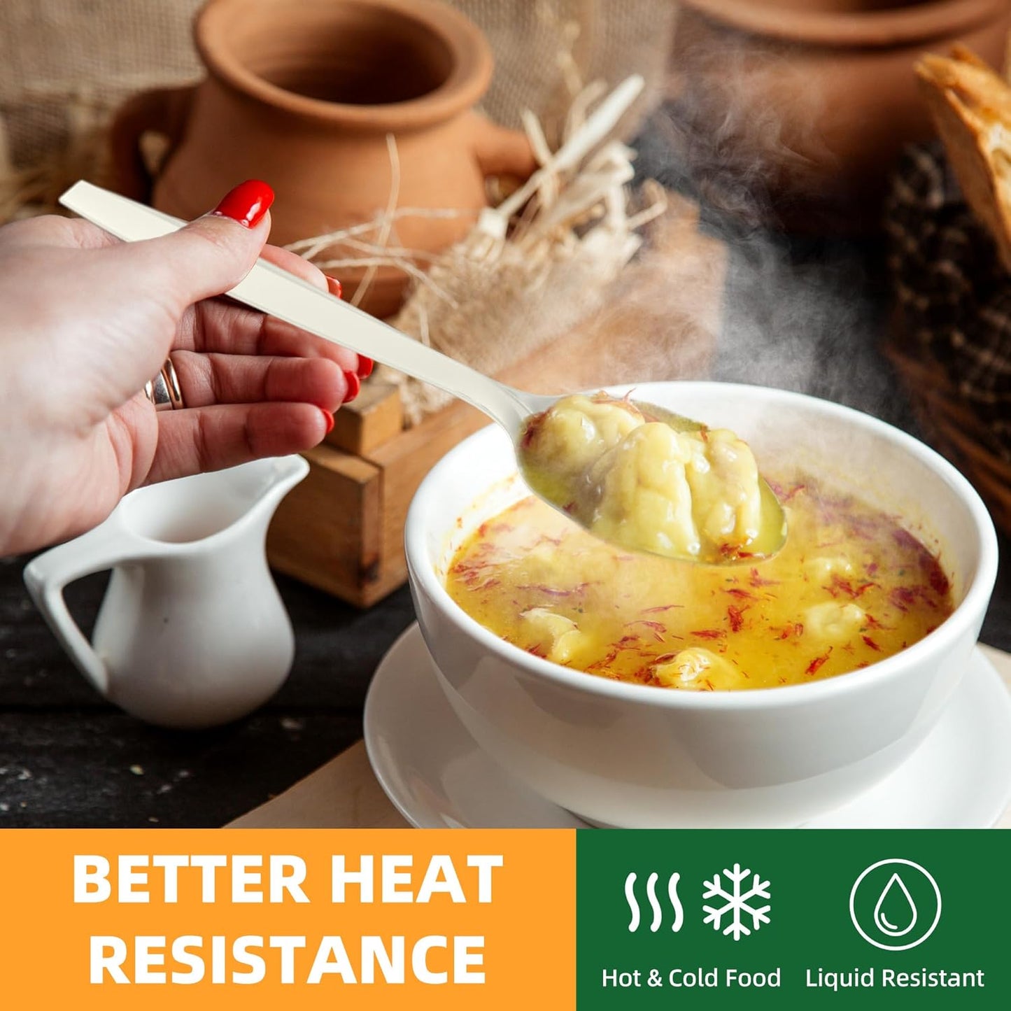 100% Compostable Disposable Spoons, 6.7" 150pcs Heavy Duty Utensils Eco-Friendly Cornstarch Cutlery Durable and BPI-Certified Party Supplies No Plastic, Ivory White