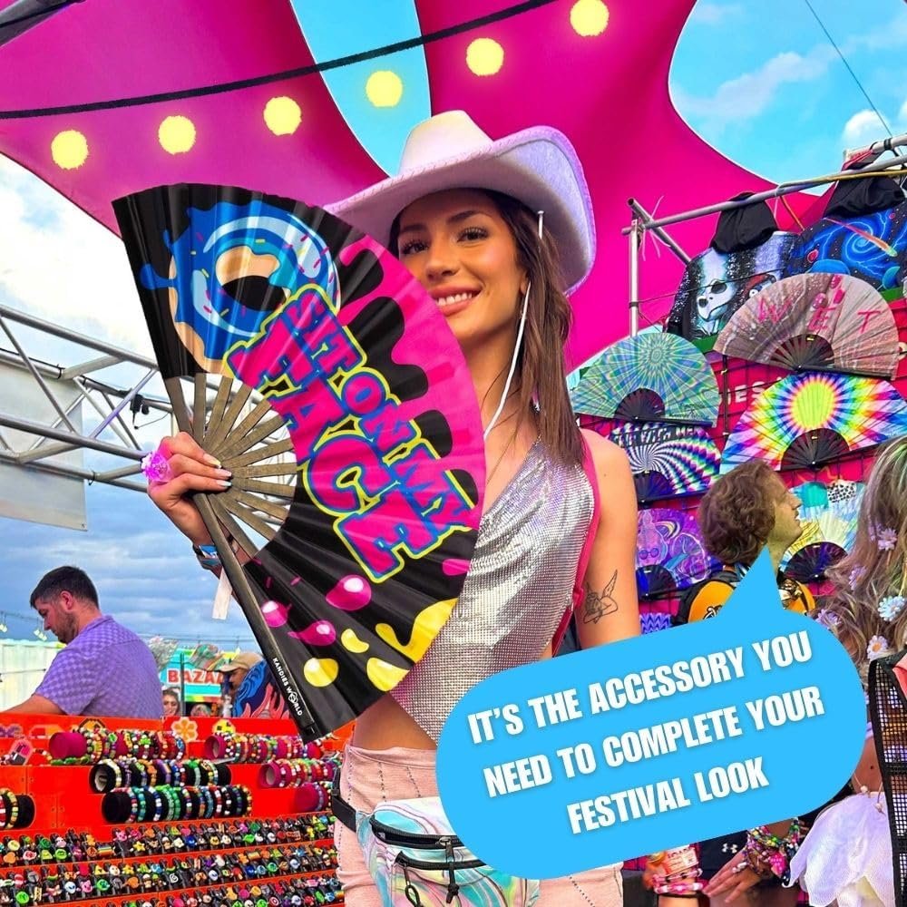 Kandies World Custom Festival Folding Hand Fan - Unique Designs, Made of Bamboo, Clacking Sound, Lightweight - Perfect Rave and Festival Accessory!