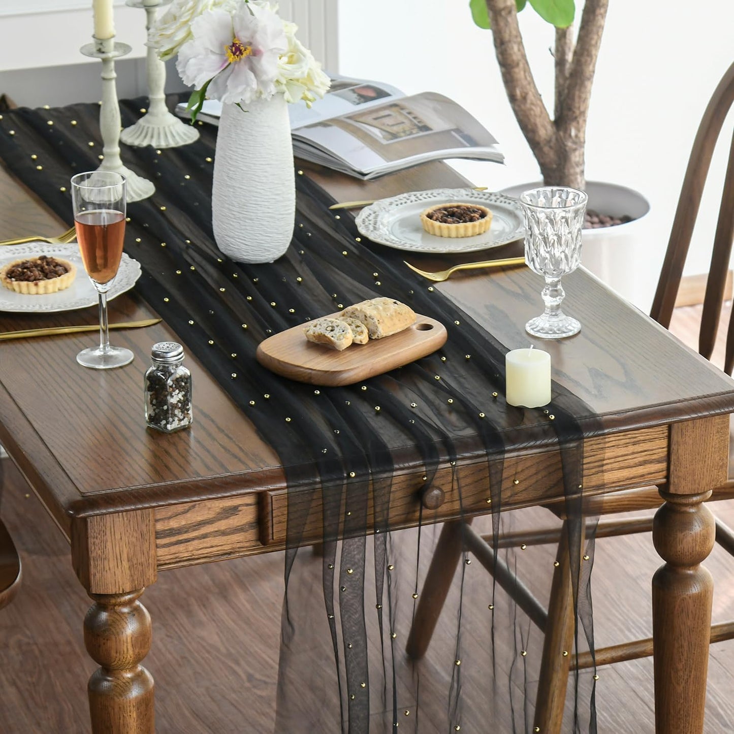 Artoid Mode Pearl Black Gauze Table Runner 59x120 Inch , Seasonal Sheer Kitchen Dining Holiday Wedding Birthday Baby Shower Table Decor for Home Party