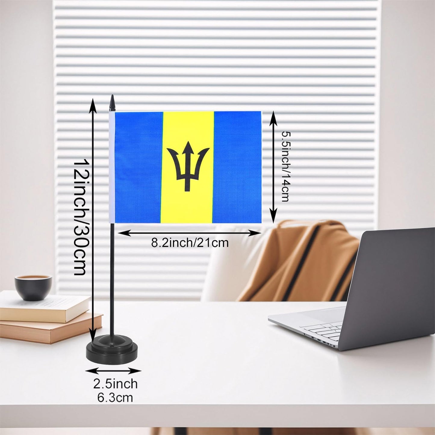 Barbados Desk Flag 12" Solid Pole Deluxe Set Barbadians Flags Banner Mini Small Barbados Office Table Flags with Black Stand Base Desktop Decorations(2Pack)