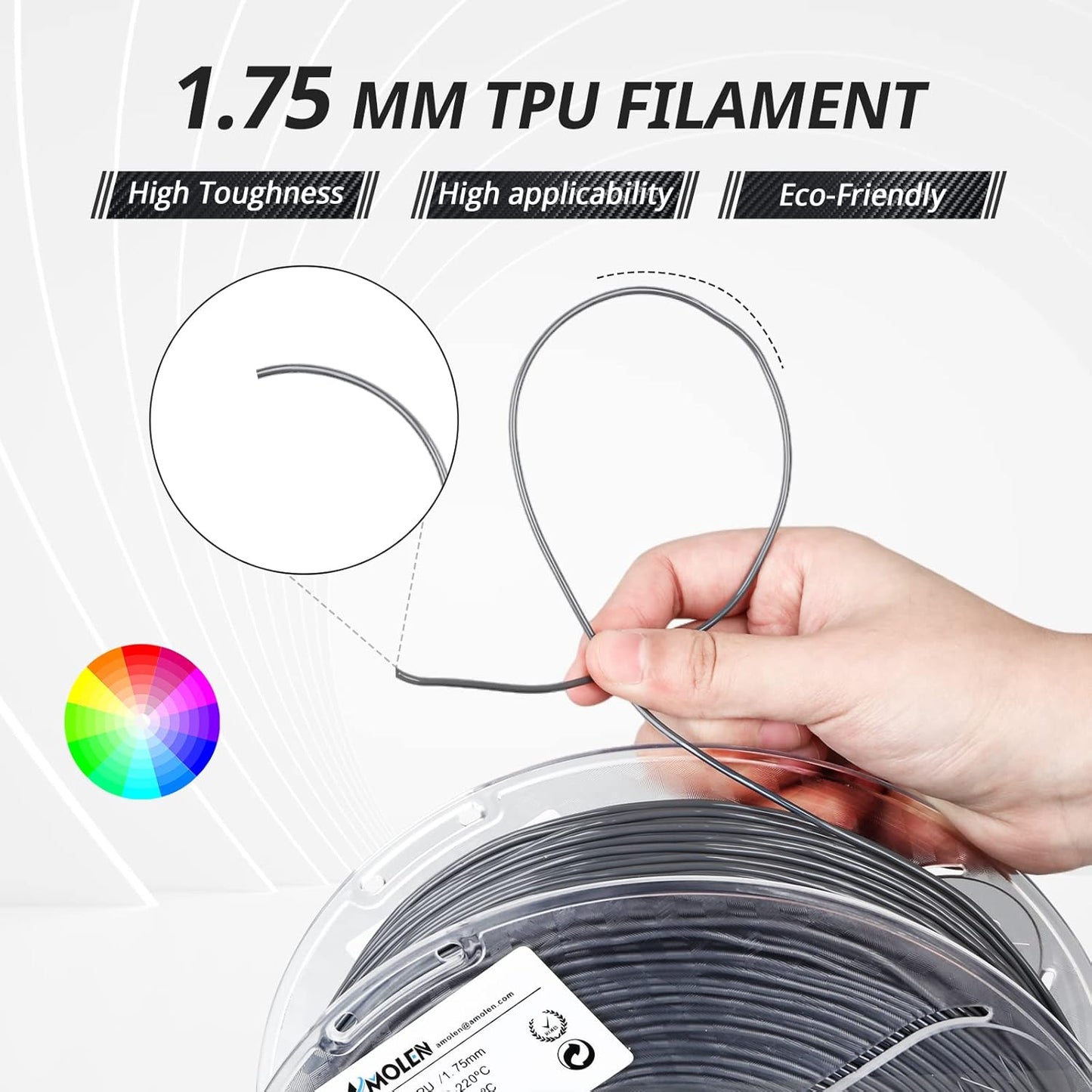 AMOLEN TPU 3D Printer Filament 1.75mm, Flexible Soft TPU 3D Printing Filament Supports High Speed, 1kg Spool(2.2lbs), Grey