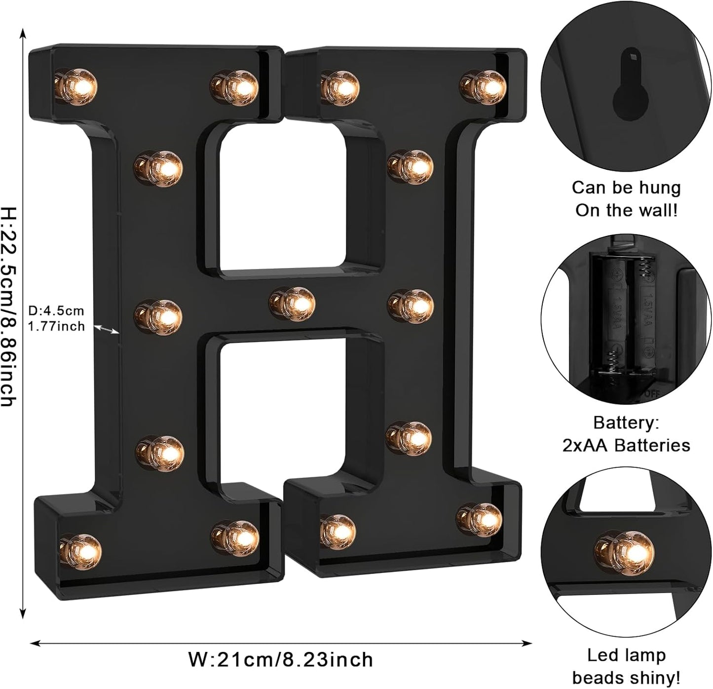 Foaky Black LED Letter Lights for Room Decor - Bedroom Wall Decor, Alphabet Lights for Home, Wedding, Party - Battery Operated （H）