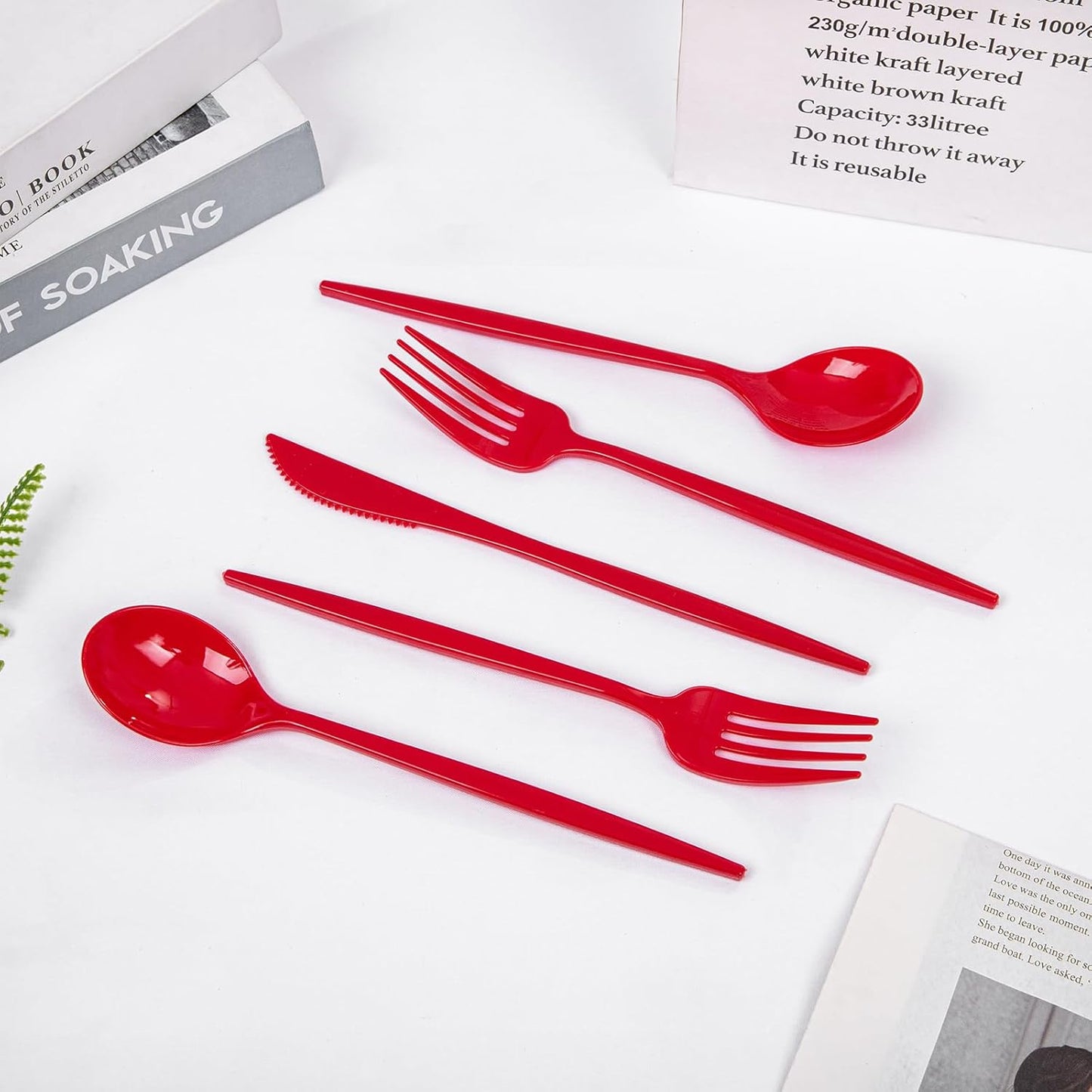 PULOTE 150PCS Red Plastic Silverware Set - Heavy Duty Plastic Cutlery - Red Utensils Disposable Include 50 Forks, 50 Spoons, 50 Knives for Party, Wedding & Mother’s Day