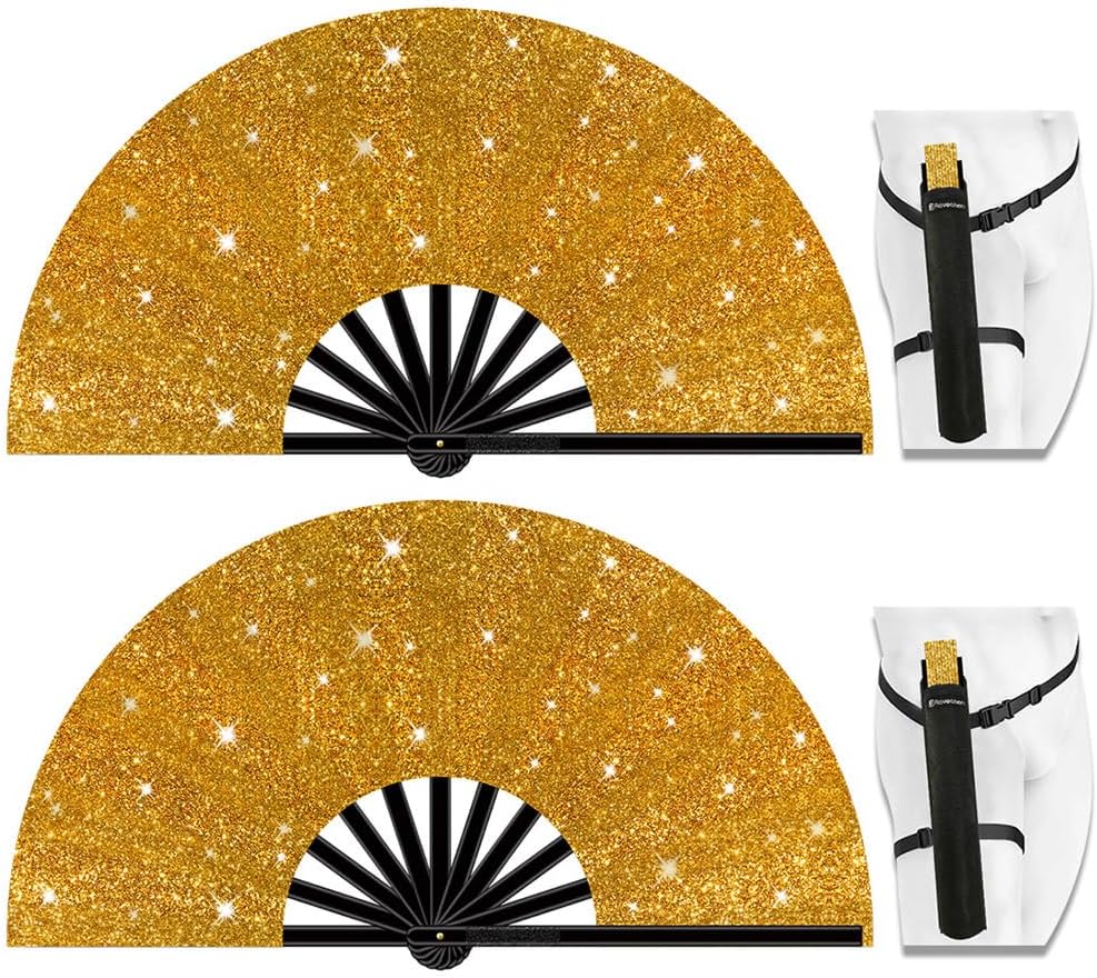 13" Large Folding Rave Fan with Holster, Clack Hand Fans Foldable for Line Dancing, Boots On The Ground Fan for Women Men Festival EDM Party Decoration, Glitter Glod 2 Pack