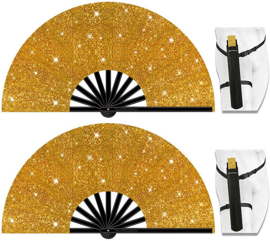 13" Large Folding Rave Fan with Holster, Clack Hand Fans Foldable for Line Dancing, Boots On The Ground Fan for Women Men Festival EDM Party Decoration, Glitter Glod 2 Pack