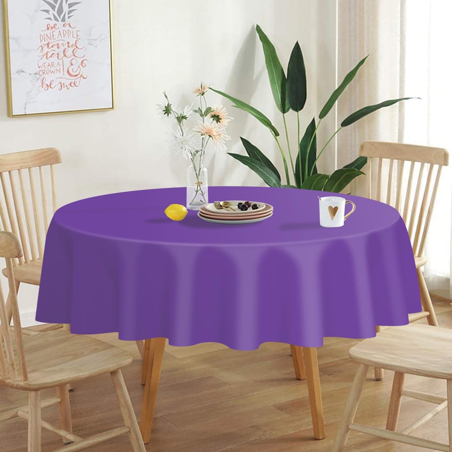 QIKSION Purple Round Tablecloth 2 Pack, 84 Inch Plastic Table Cover Disposable for Parties